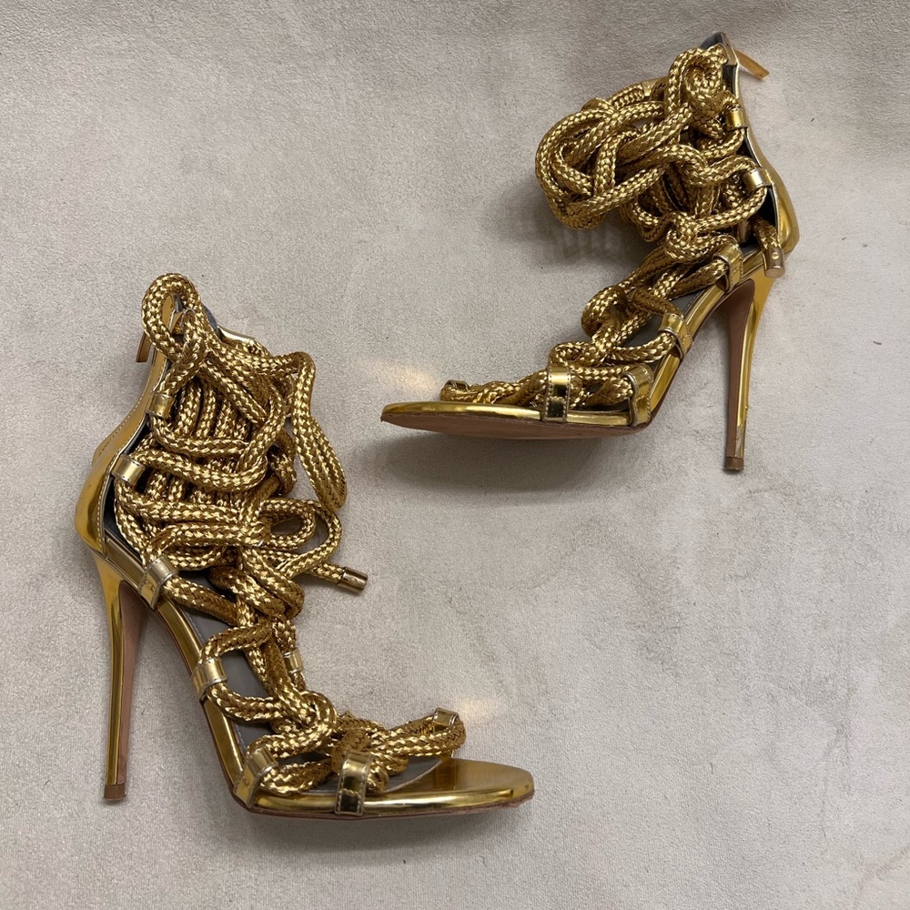 Monika Chiang Metallic Gold Braided Lace-Up Stiletto Sandal